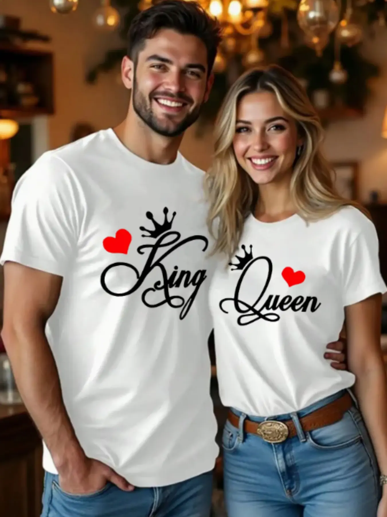Gift Theme K & Q Print Couple Top, Lightweight Polyester Shirt, Casual and Formal Wear, Unisex Fitted Short Sleeve, No Zipper