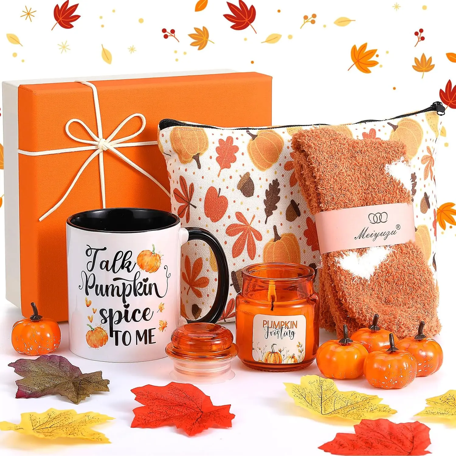 Women's 10-Pc Fall Themed Gift Basket - Self Care Set with Pumpkin Spice Candle, Coffee Mug, Socks, Makeup Bag, Hair Tie, Mini Artificial Pumpkins, Maple Leaves & Box for Get Well, Birthday