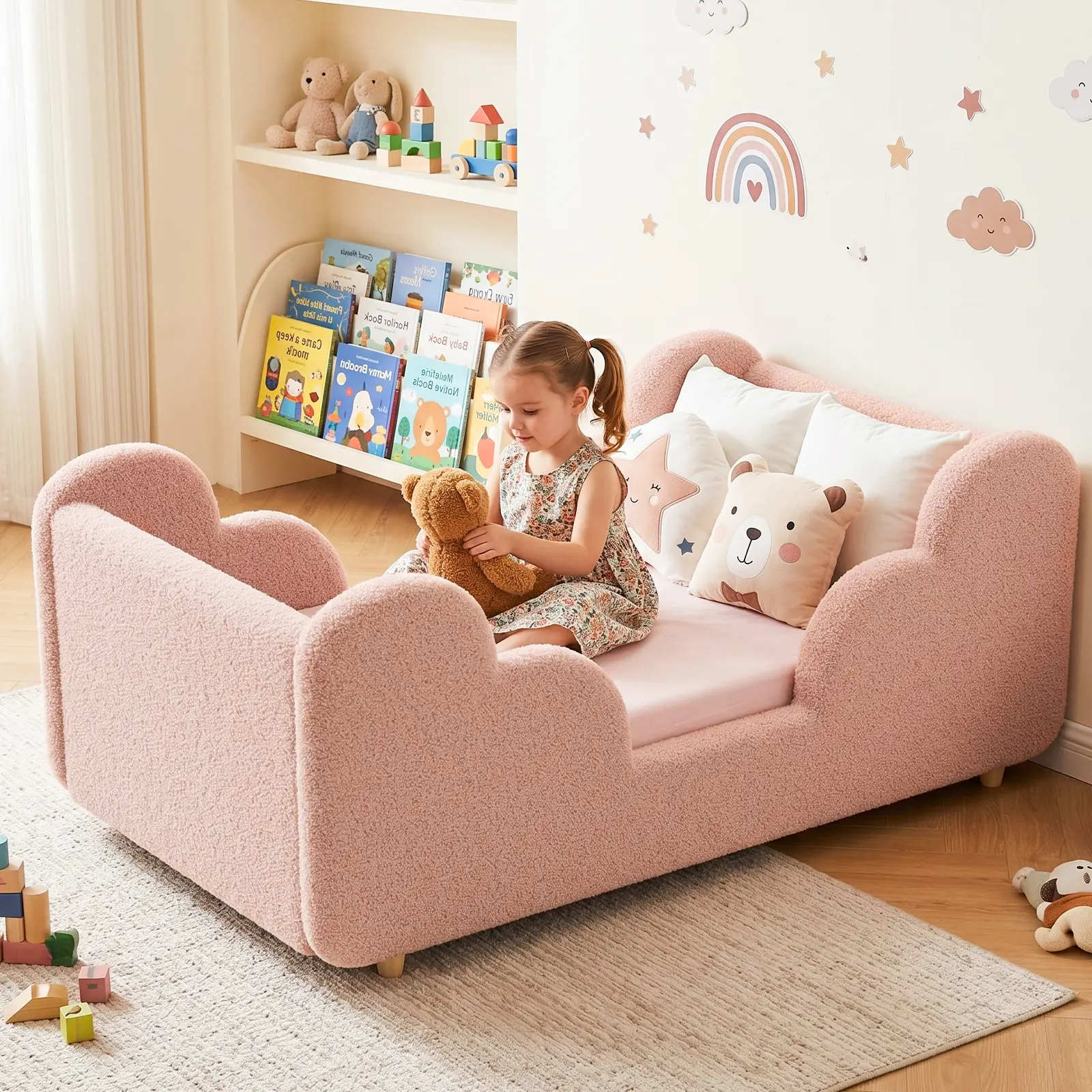Lilypelle Toddler Bed Frame, With Detachable Safety Railing, CPSC Certified Boy and Girl Crib, Standard Crib, Certified Fabric Toddler Bed Frame, Excluding Mattress summerwins,dorm essentials,home decor