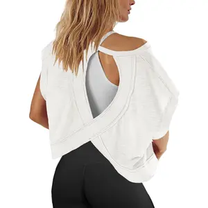 Womens Open Back Workout Top Oversized Workout T Shirts Backless Athletic Shirt Short Sleeve Baby Tee