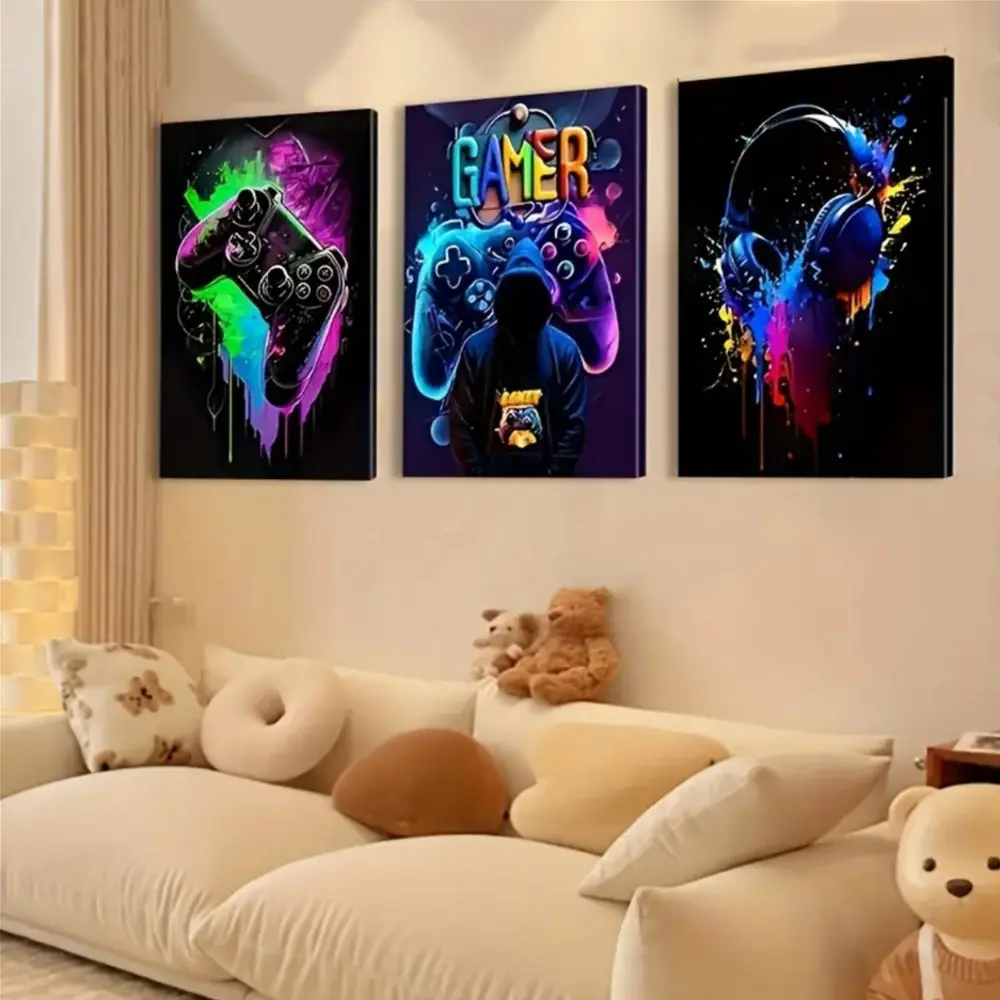 3 Pieces Punk Style Gamepad Art Prints, Game Room Theme Wall Mural, E-sports Trend Home Art, Industrial Gallery Decor, Dark Tone Poster, Wall Decor for Gaming Room and Entertainment Room, Framed or Unframed Options Available.