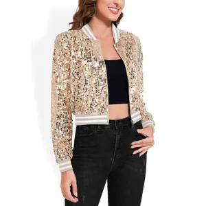Anna-Kaci Women's Sequin Bomber Jacket with Striped Ribbed Trim and Zip Front- Small Champagne