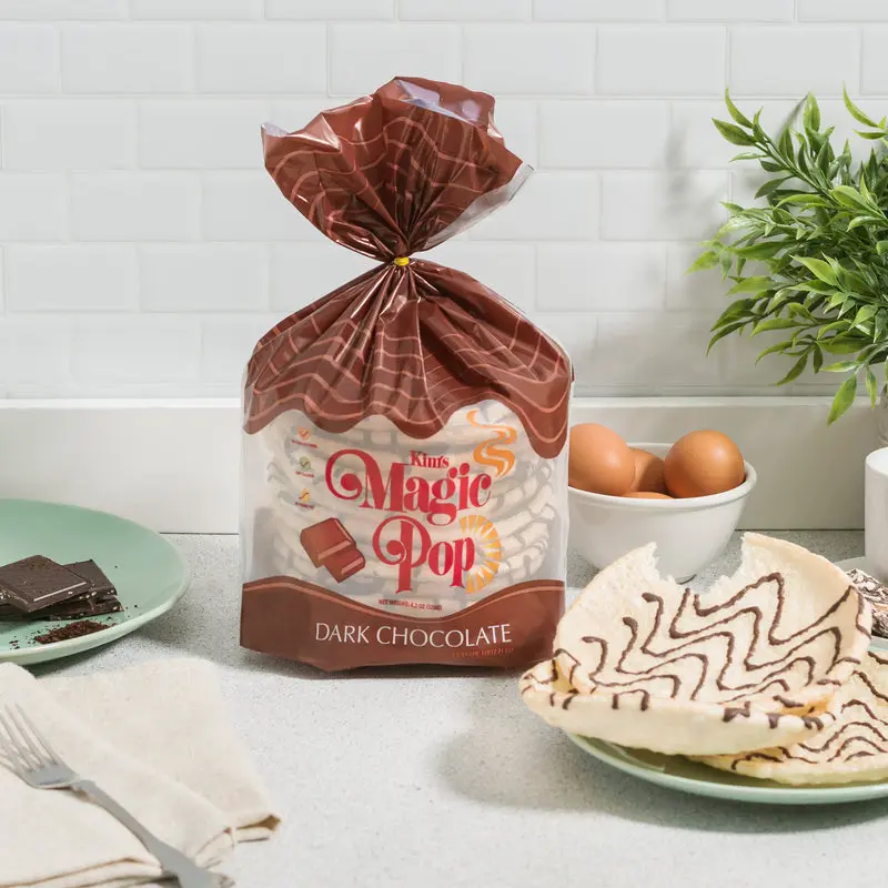 Kim's Magic Pop - Dark Chocolate Flavor Drizzled | 12 Bags | 12 Cakes per Bag | Crispy, Crunchy, Low Carb, No Trans Fat, All Natural, Multigrain Korean Snack | Easy Bread, Chip, Cracker Replacement