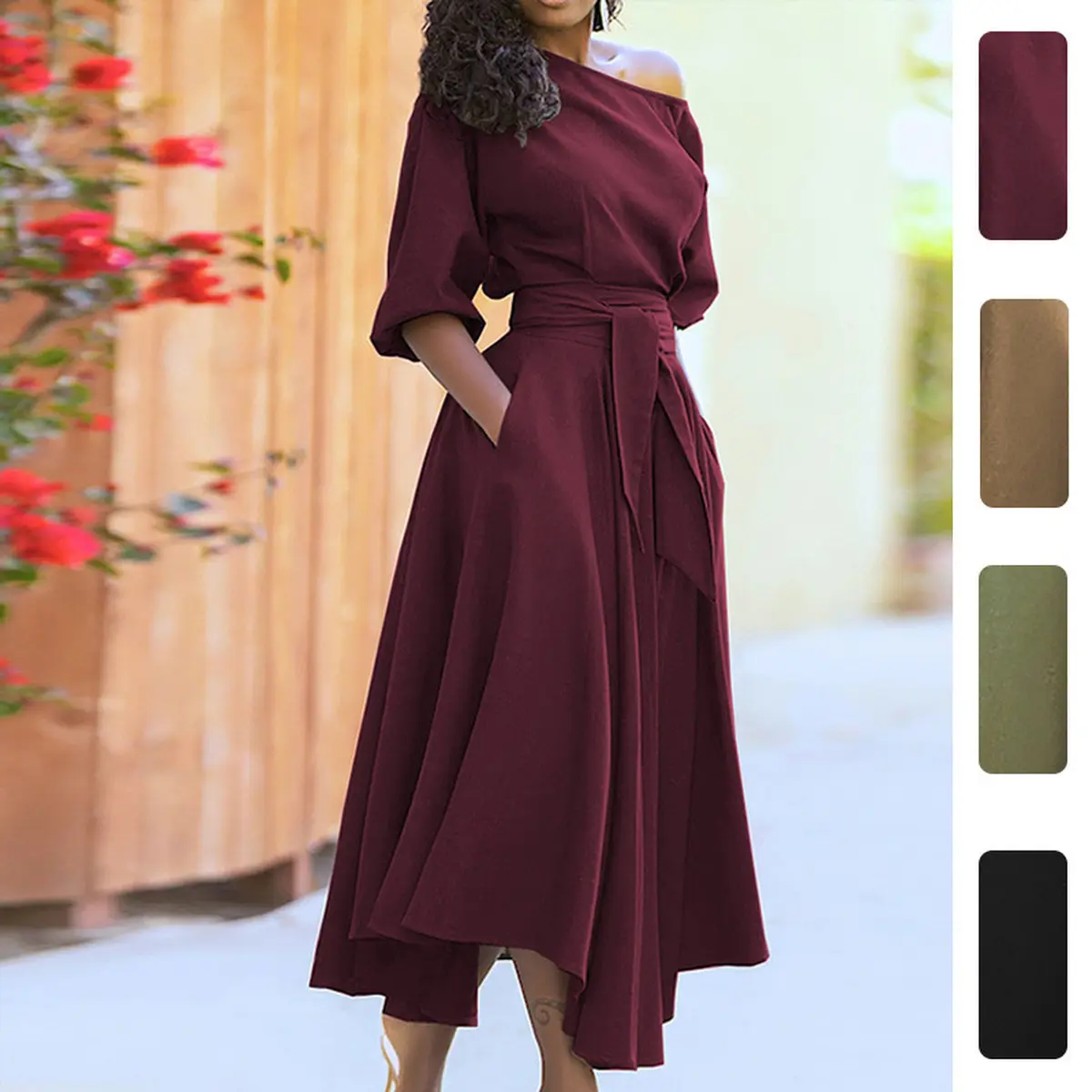 Women's Chic Asymmetrical Neck Belted Waist Flared Midi Dress - 3/4 Sleeve, With Pockets, Modest Summer Outfit For Church, Brunch