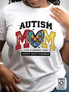 Women's Autism Mom T-Shirt - Autism Awareness Casual Round Neck Short Sleeve Top with Lettering, Semi-Sheer for - Casual Attire (Machine Washable)