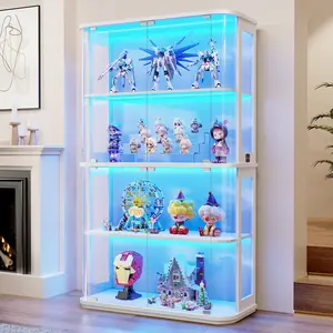 MIIFUNY Large Rounded Display Cabinet with Glass Door, 4-Tier Curio Cabinet with 3 Color Lights for Collectibles, Figures, Glass Display Case with Transparent Full-Display Surface, Human Body Sensor, White