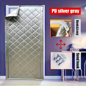 Winter 2D Traditional Style Silver Gray PU Door Curtain with Rayon Fabric, Thick Warm Insulated Waterproof Windproof Hook Installation