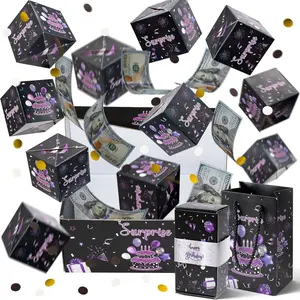Surprise Gift Box Exploding for Money, 12 Bounces Money Boxes Explosion with Confetti, Purple Black Pop Out Cash Holder for Mother's Day Unique Birthday Gifts