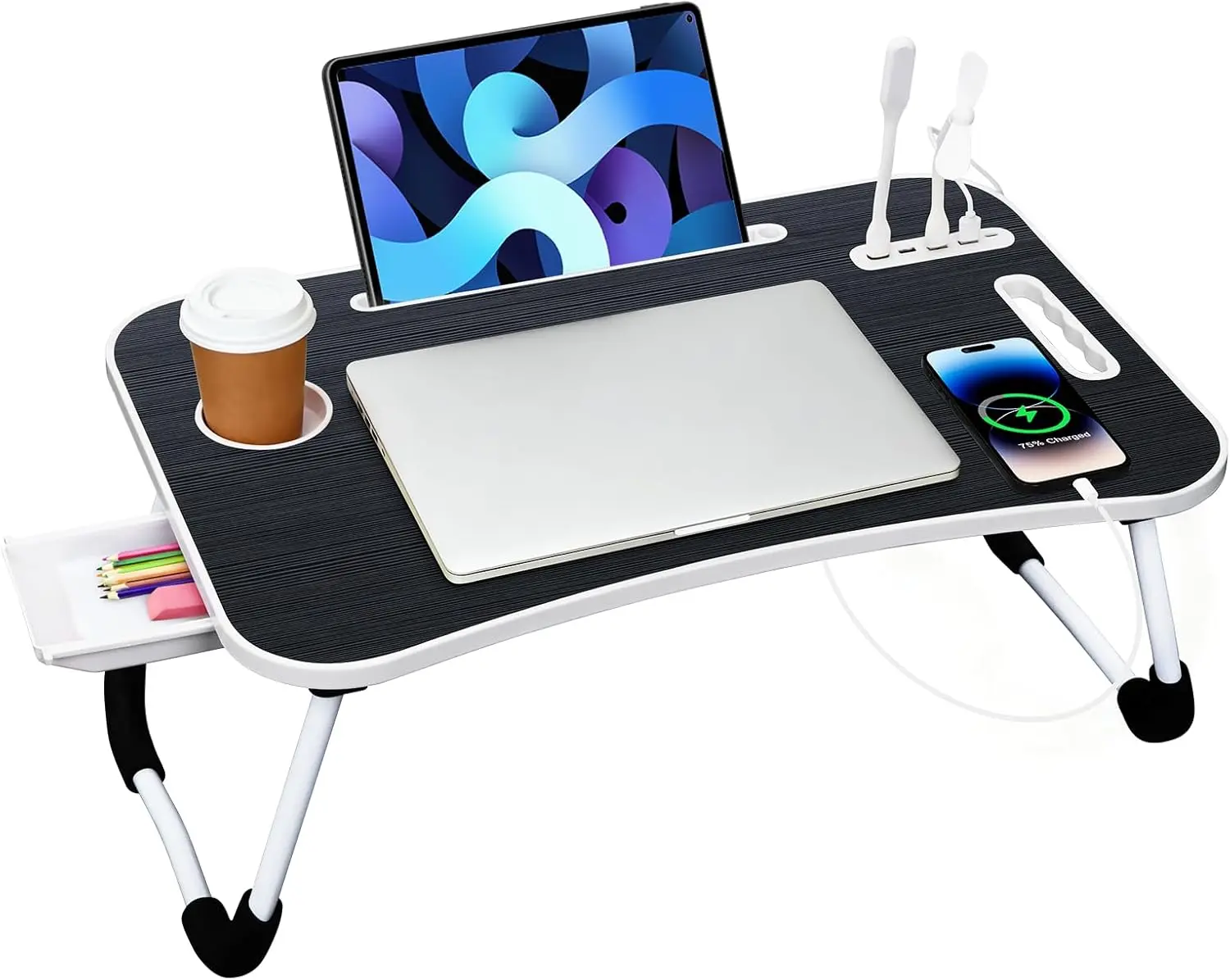 Portable Bed Desk, Foldable Laptop Desk with 4 USB Charge Port/Cup Holder/Tablet Slot/Storage Drawer, Folding Lap Table for Working, Writing, Drawing and Eating (Pink+Black)