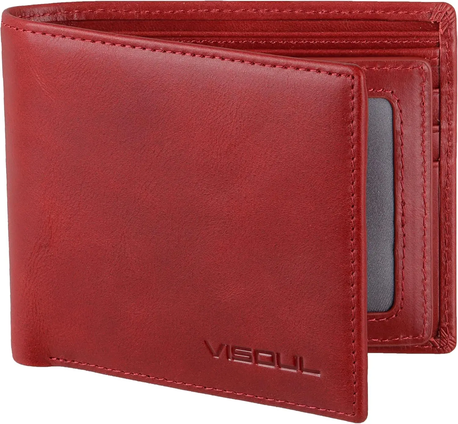 Leather Mens Bifold RFID Blocking Wallet with 2 ID Windows, Leather Wallet for Men (Leather, Burgundy)