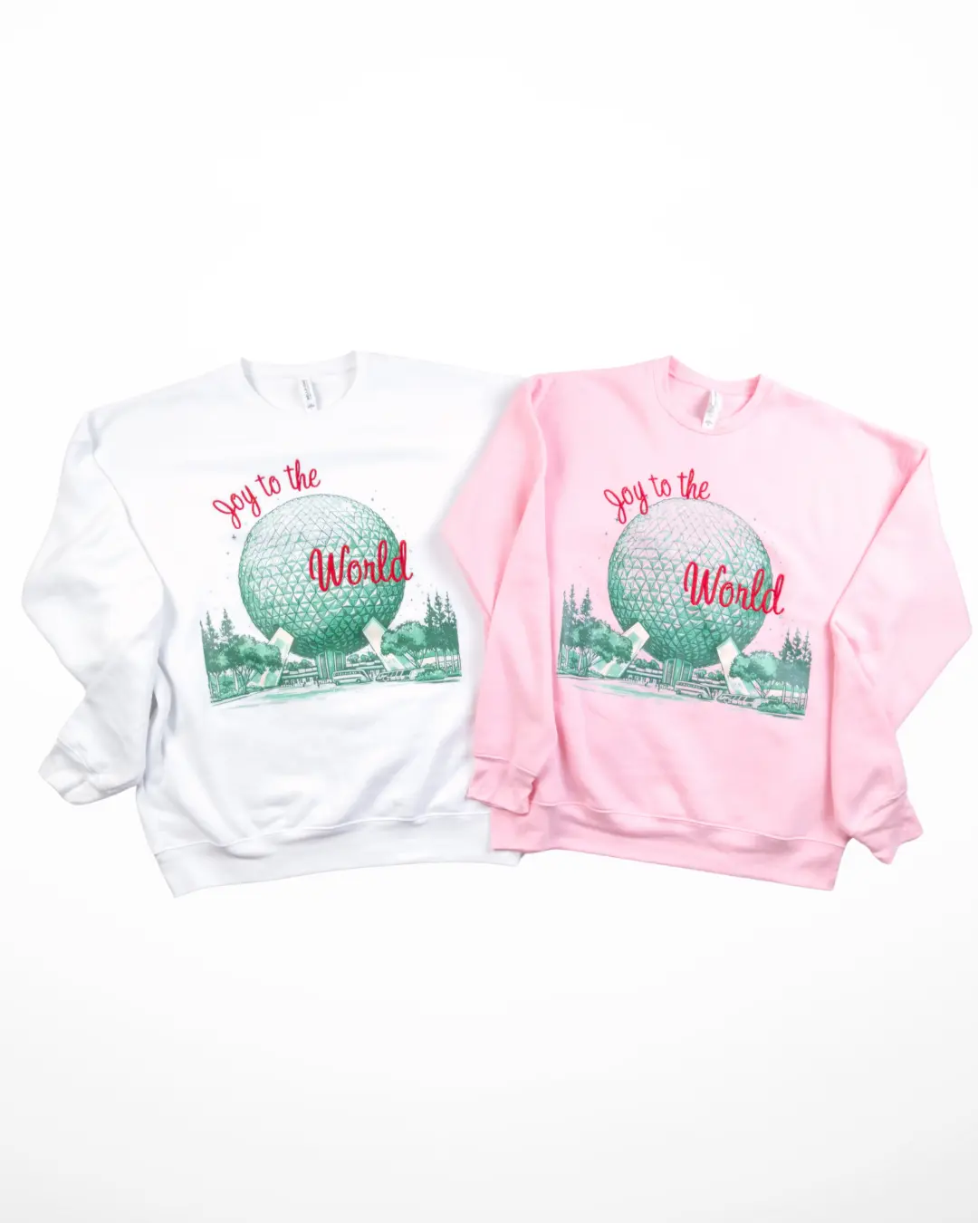 Bella + Canvas Joy to the World Sweatshirt - Long Sleeve, Green Spaceship Earth Design, Red Embroidery, Cozy Fleece, White or Light Pink