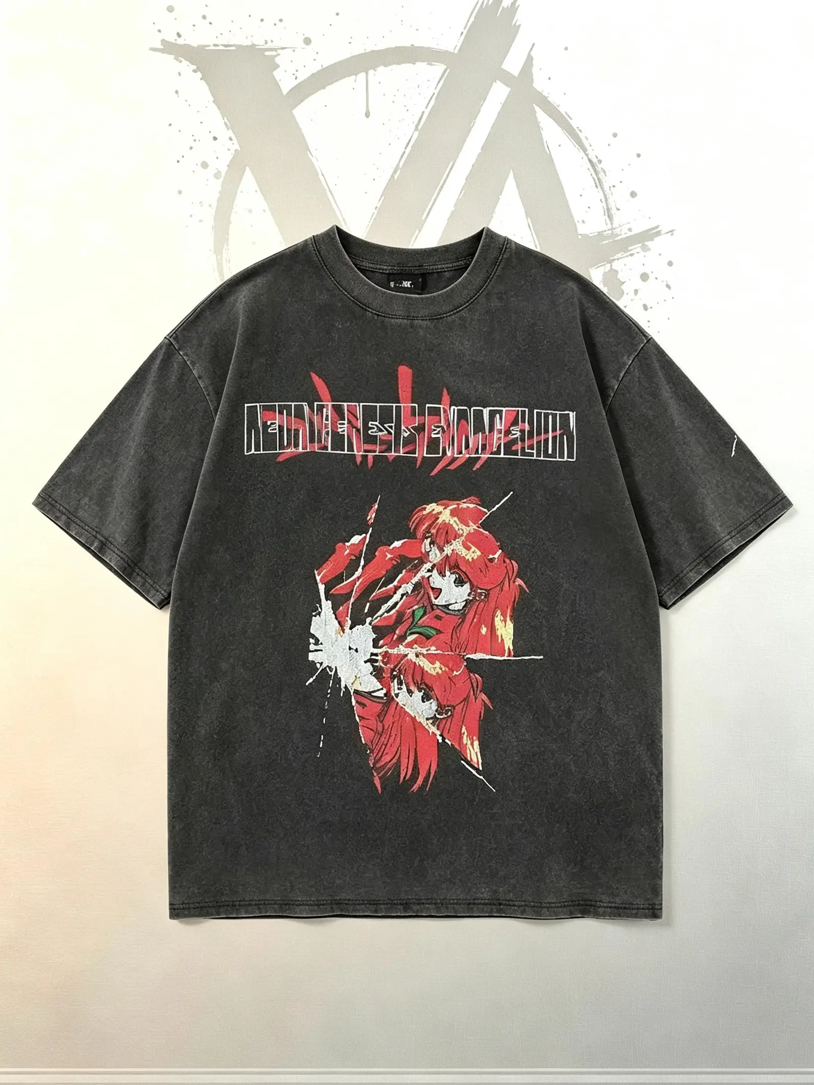 [AVT] Neon Genesis Evangelion Asuka Graphic Print Menswear Round Neck Short-Sleeve Oversized Cotton Top, Unisex Retro Mecha Anime Loose Crewneck Tee, Casual Collectible Merch Gift For EVA Otaku Fans, Shortsleeve, Streetwear, Loose Fit