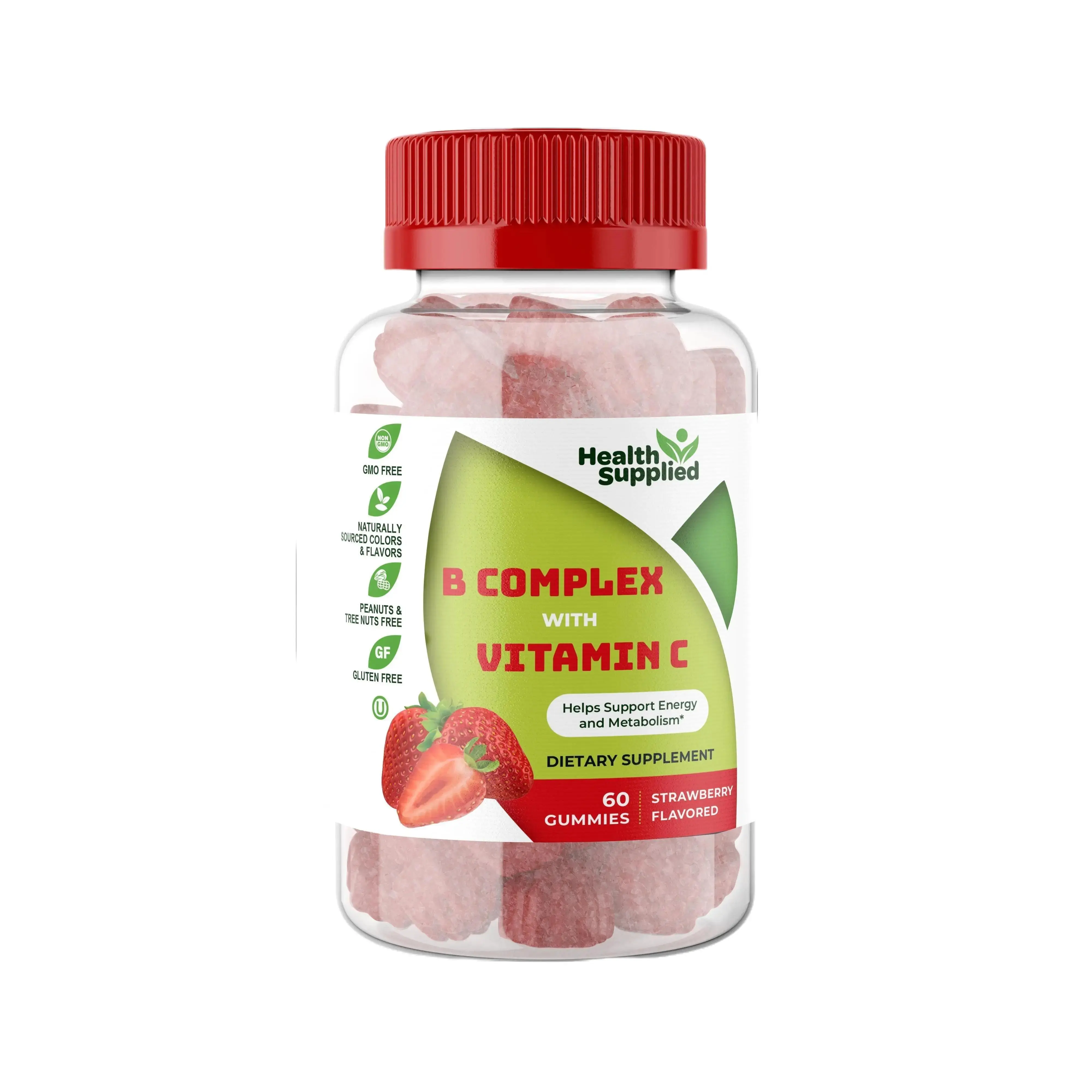 Vitamin B Complex with Vitamin C Gummies - Strawberry Flavor - 60 Count Daily Energy & Immune Support - Non-GMO, Gluten-Free, Dairy-Free - Dietary Supplement