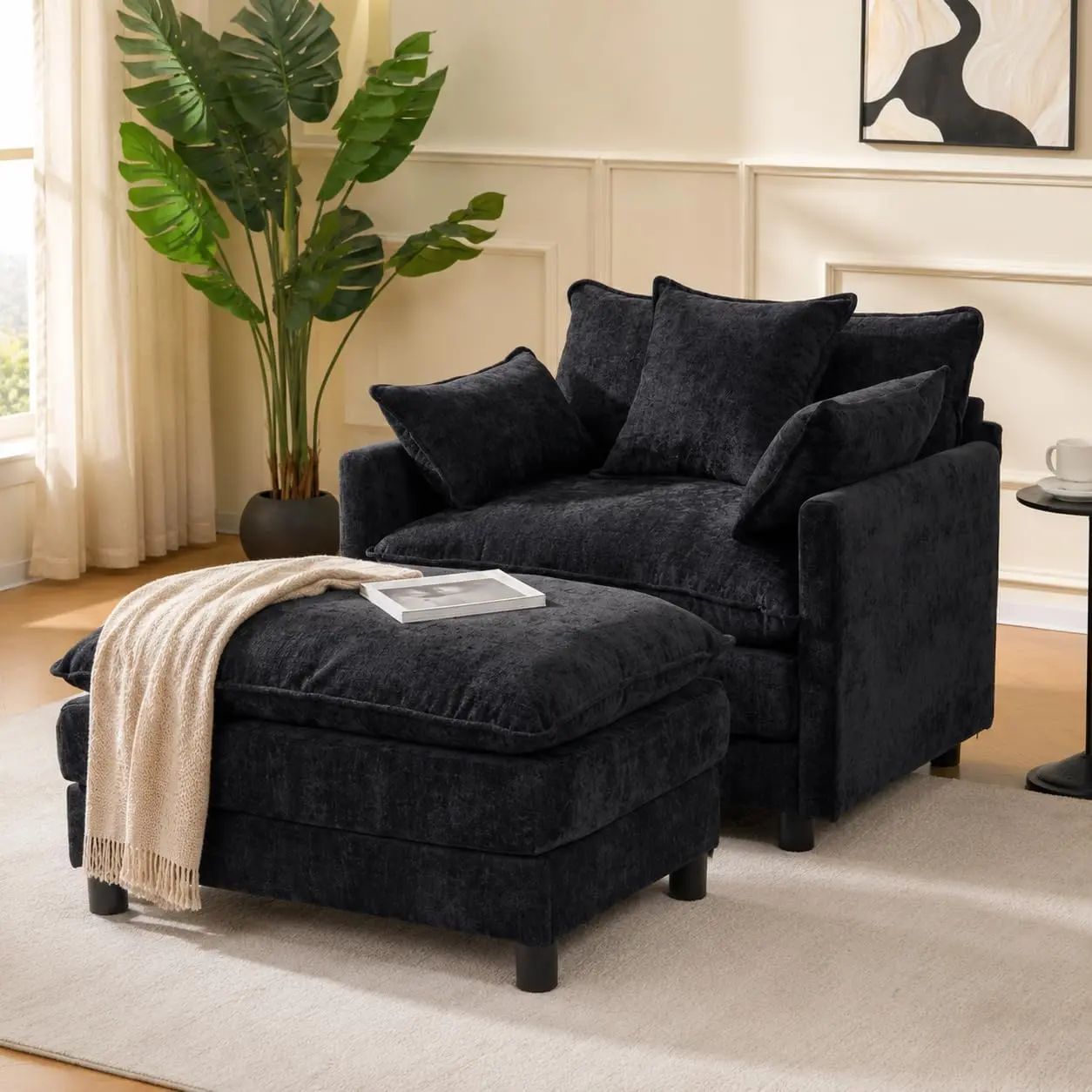 39.4" Modern Accent Chair with Ottoman, Living Room Club Chair Chenille Upholstered Armchair, Reading Chair for Bedroom (Black)
