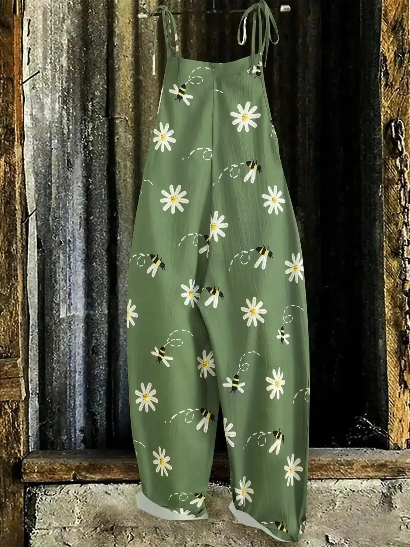 Plus Size Bohemian Bee and Daisy Embroidered Jumpsuit, Sleeveless Wide-Leg Relaxed Fit for Summer Parties and Vacations, boho-inspired one-piece, curve friendly, inclusive fit, one-piece wonder, effortless chic