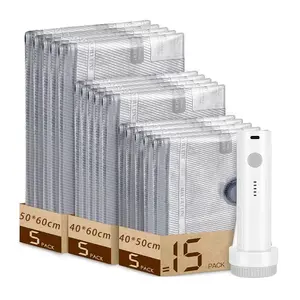 15-Pack Set Travel Vacuum Storage Bags with USB Rechargeable Pump, Space Saving Compression Bags for Clothes, Durable Ziplock Seal, S/m/l Sizes, Space Saver Bags