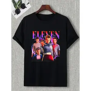 T-Shirt Black Eleven Stranger Things Characters Print Casual Wear For Daily Outfits And Fan Events, 100% Cotton, Machine Washable All-seasons Comfort Fit