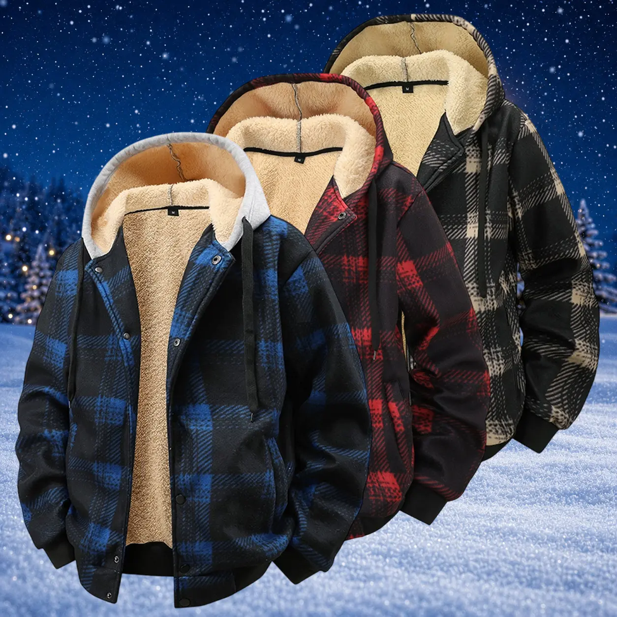 Men's Sherpa Lined Hooded Plaid Jacket Heavyweight Fleece Winter Coat Thermal Flannel Shacket Snap Button Warm Outerwear Streetwear Male Clothing Apparel cozy soft cool clean chic active sporty casual premium classic stylish durable trendy modern 3-Colors