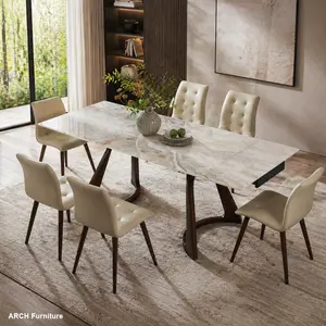 ARCH 1+6 Retractable Imitation  Sintered stone Table Expandable 63" to 94.48" Seats 6  Person Heat Resistant Scratch proof Heavy Duty Carbon DARK WALNUT SOLID WOOD base for Home Kitchen Living Room Table