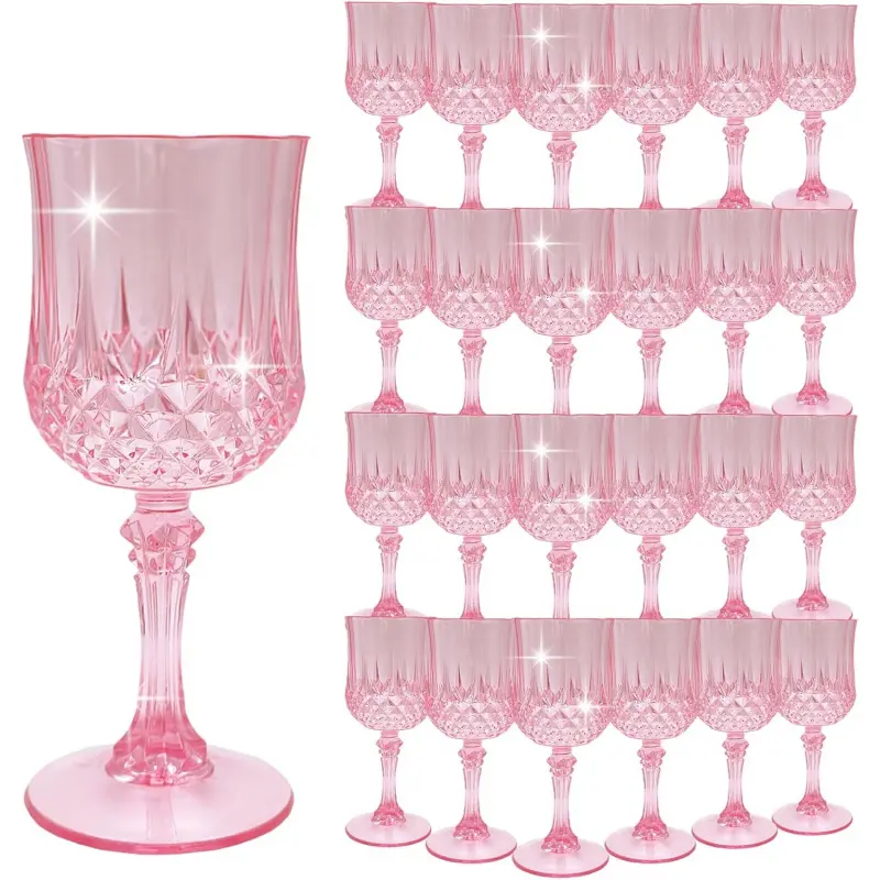 24-Piece Pink Vintage-Style Plastic Wine Glasses - Goblet Shape, Unbreakable, Reusable Cordial Drinkware for Wedding Reception, Grand Event Supplies (With Goblet Shape & Reusability Benefits)