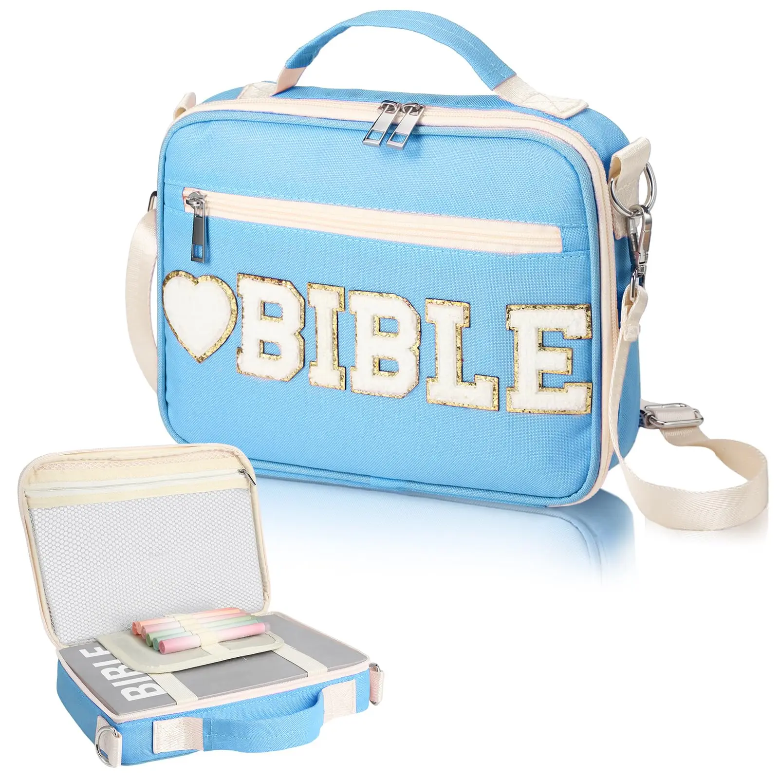 Gejoy Bible Cover Case for Women, Christian Bible Bag with Shoulder Strap Canvas Tote Bag Carrying Bag Gift for Teenagers Girl Student, Bible Study Supplies, Church Bible Case
