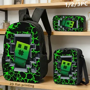 Durable Water Resistant 3-Piece Backpack Set for Kids, Lightweight School Bag with Lunch Box, Featuring Break-Out Green Pixel Creeper Full-Print, Neon Green Crack Lightning Texture & 3D Block Hole Effect on Black Background for Sandbox Game Fans Daily Sch