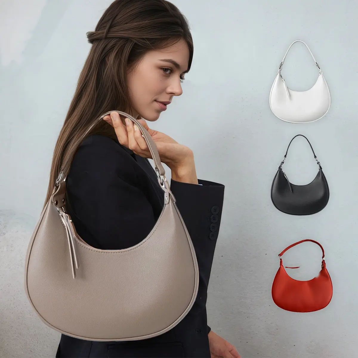 Elegant Solid Color Crescent Shoulder Bag for Women PU Leather Underarm Bag for Daily Use