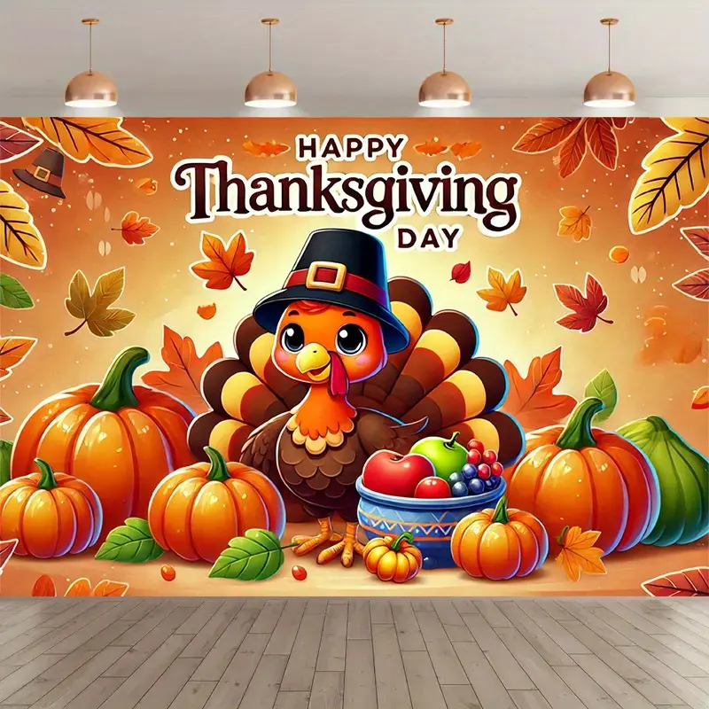 Polyester Thanksgiving Festive Theme Backdrop Flag - Turkey Print Photography Banner, Studio Props, Indoor-Outdoor Home Decoration for Holiday & Birthday Events
