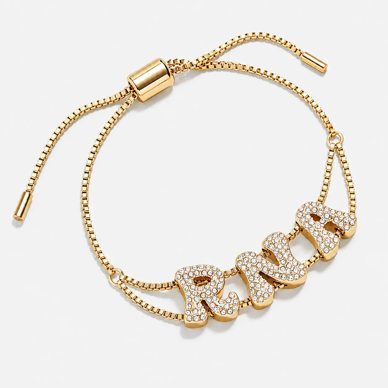 Pavé Bubble Letter Slider Name Bracelet, Double Strand Custom Name Bracelet, 14K Gold Plated Adjustable Box Chain Bracelet, Personalized Custom Jewelry Gift for Mom, Wife, Women