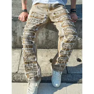 Men’s Y2K distressed ripped straight-leg jeans, vintage blue wash stretch relaxed fit jeans with hole patch raw hem, street-style high-quality casual denim pants