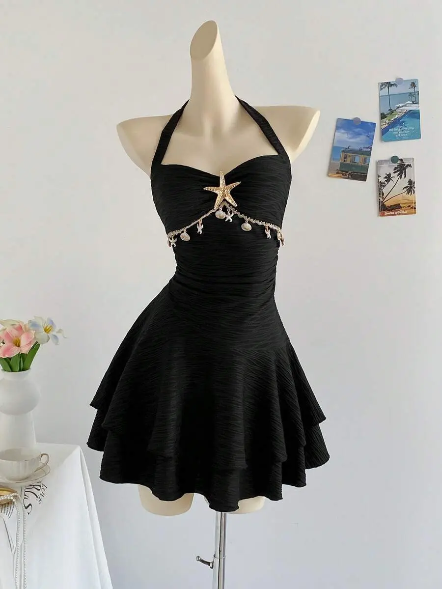 MALINDA Vacation Halter Tie Starfish Shell Decor Ruffle V-Neck Floral Metal Buckle White Knit Textured Bodycon Mini Dress