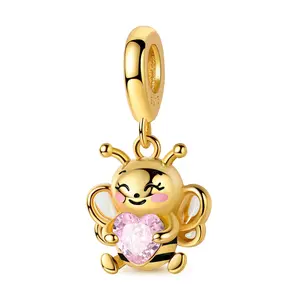 MULA 925 Silver-plated Gold Plated Bee Embracing Heart Pendant with Pink Zirconia - Symbolizes Love, Sweetness and Good Luck, Suitable for Pandora Bracelets and Necklaces - Gift for Women and Girls