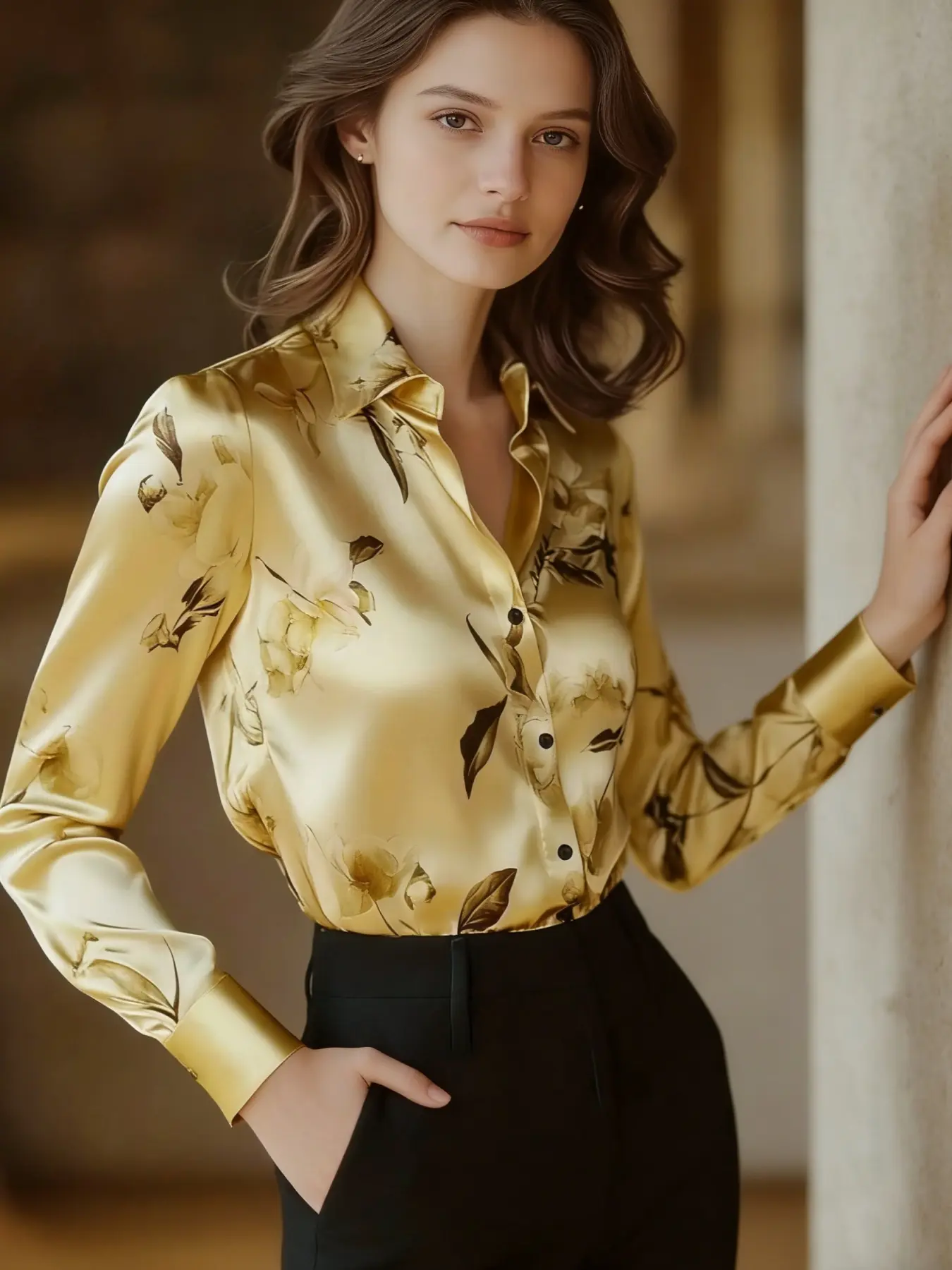 Womenswear women's satin printed Blouse, All season blouse, Casual Blouse Shirts with light luxury casual business style, Long Sleeve, suitable for commuting to work, shopping and outdoor activities