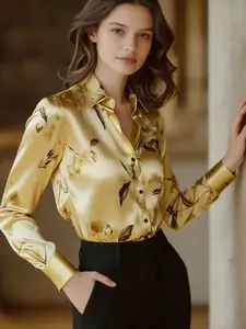 A fashionable and versatile women's satin printed shirt with a light luxury style, suitable for commuting to work, shopping and outdoor activities, indoor and outdoor dressing