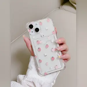 Full Screen Strawberry Transparent Card Holder Phone Case Compatible with iPhone 16 Pro Max/16 Plus/16/16 Pro/15 Pro Max/15 Pro/15 Plus/15/14/14 Plus/14 Pro/14 Pro Max/13/13 Pro/13 Pro Max/12/12 Pro/12 Pro Max/11/11 Pro/11 Pro Max KBFS02