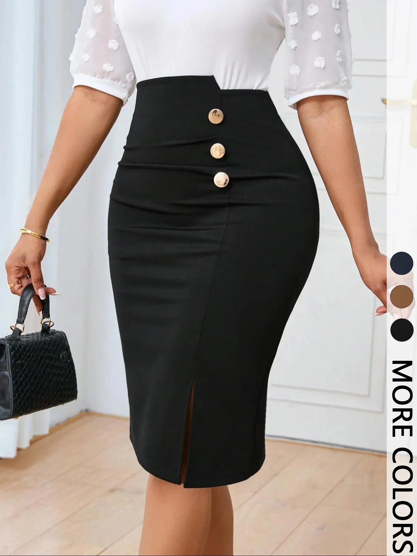 Women's Commuting Minimalist Chic Basic Solid Color Formal Skirt, Button-Front Fitted Pencil Skirt, Fashion Button Asymmetrical Elegant Casual Stylish Bodycon Skirt for All-season