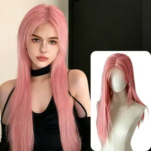 Lotfon Women's synthetic full head wig, pink long straight hair, adjustable inner cap, lightweight and breathable, simulating scalp on the top of the head, natural and realistic, suitable for daily wear and role-playing, instantly changing your style