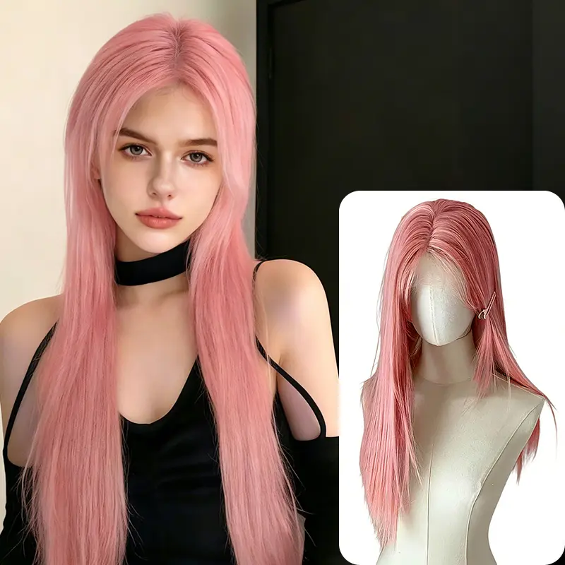 Lotfon Women's Straight Synthetic Wig in Pink, 25-Inch Long Realistic Hair with Adjustable Cap, Lightweight & Breathable for Daily Wear and Cosplay, Straight Synthetic Wigs, Synthetic Material Wigs