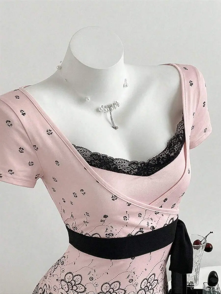 INAWLY Women's Summer Vacation Printed Casual 2 In 1 Lace Patchwork Bow Decor Fitted Short Sleeve T-Shirt Pink Vintage
