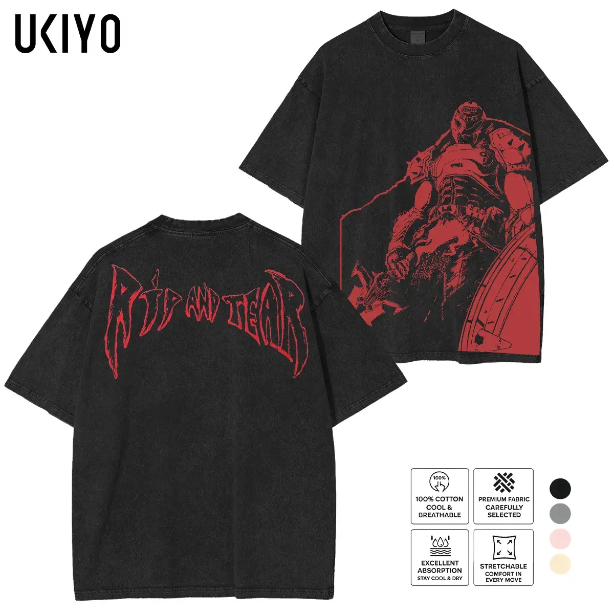 DOOM Rip And Tear Graphic T-Shirt Vintage Acid Wash Oversized Tee Doomguy Gaming Merch Heavyweight Cotton Streetwear Top Retro Video Game Shirt Gift for Gamers