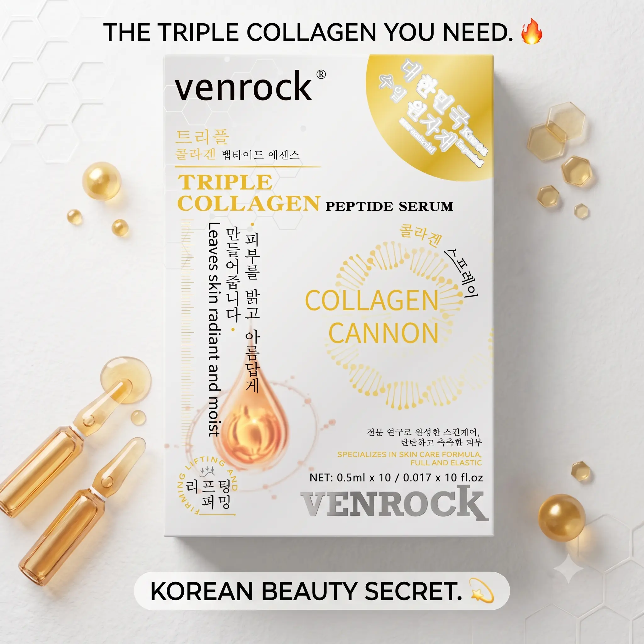 Triple Collagen Peptide Serum, Viral Korean Skincare for Glass Skin, 10 Ampoules