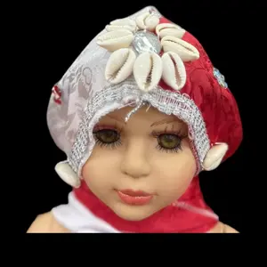 Quillas For Santeria Orisha Red Velvet Hat with Shell Accents and Silver Beading for Traditional Ceremonies Unisex Head Wrap Adjustable Satin Bonnet Handcrafted Cap