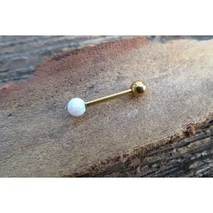 Gold IP White Fire Opal 100% Surgical Steel Stone Barbell Tongue Ring 14G (1.6mm) Piercing Custom Lengths