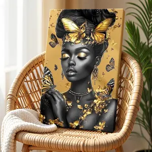 African American Golden Black Women Portrait Canvas Wall Art with Butterfly Motif, Framed Modern Aesthetic Decor, High-Quality Multi-Size Durable Canvas Wrapped Wood Frame Prints for Bedroom, Bathroom, Ideal Gifts