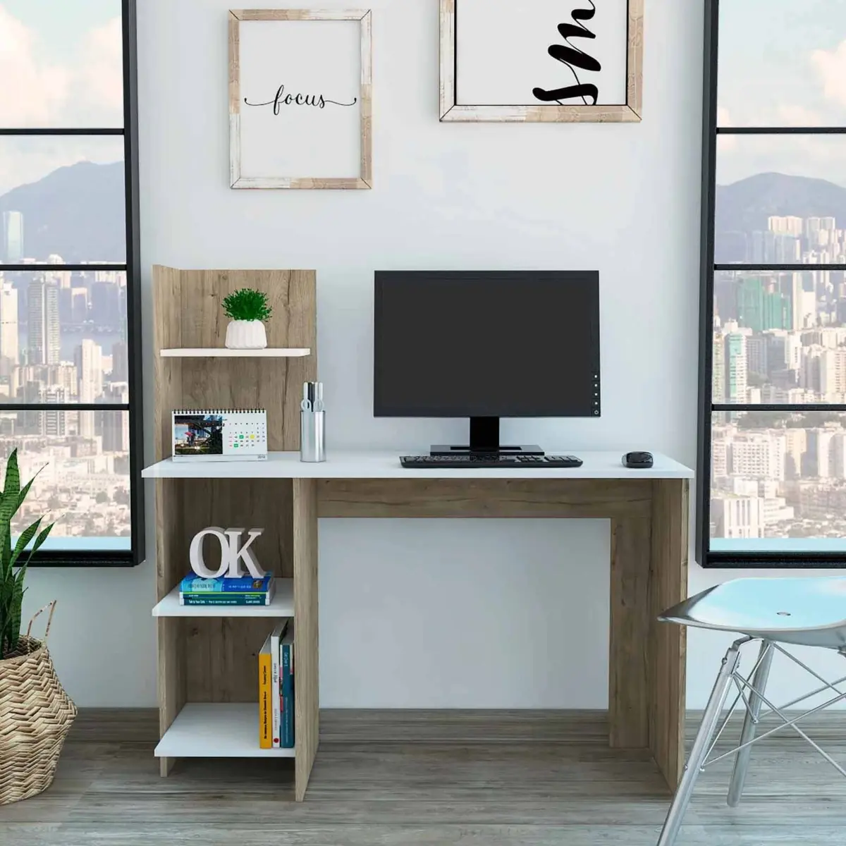 HomeRoots 403837 Modern Natural & White Computer Desk, Space-Saving Modern Computer Armoire for Office & Home Use, Modern Computer Armoires