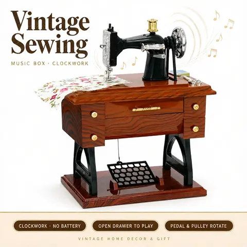Vintage Sewing Machine Music Box – Mini Retro Clockwork Wind-Up Mini Ornament, Plays Music When Drawer Opens, Rotating Pedals & Pulley, Tabletop Desk Decor, Collectible Gift for Birthday Christmas