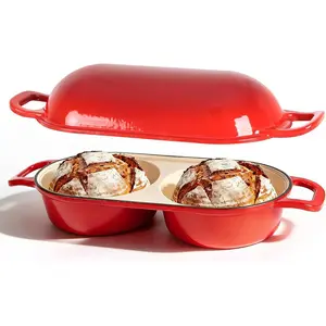Double Dutch Oven for Sourdough Bread Baking - Enameled Cast Iron Bread Pan with Lid, 2-Slot Mini Loaf Design (16.5cm Each) for Homemade Artisan Bread, Easy to Clean, Ideal for Family Daily Baking