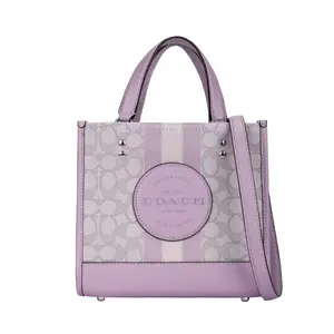 COACH Dempsey 22 Classic Monogram Stripe Logo-Embellished Fabric and Leather Tote Bag for Women, Small Size, Lilac