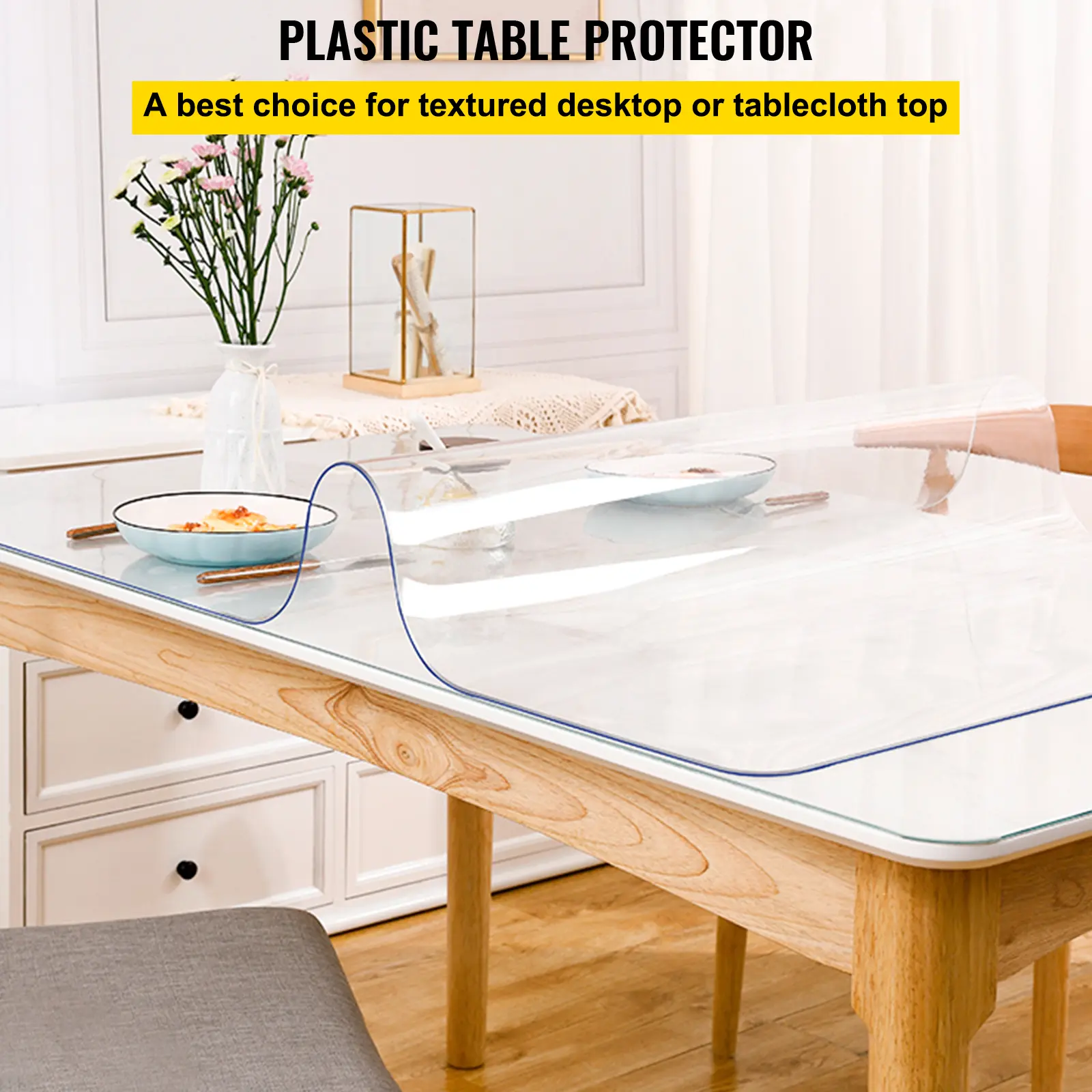 【summerfinds】VEVOR Plastic Table Cover 40 x 80 Inch, 1.5 mm Thick Clear Table Protector, Rectangle Clear Desk Mat, Waterproof & Easy Cleaning for Office Dresser Night Stand