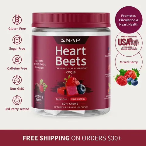 Snap Supplements - Heart Beets Chews - 30 Servings - Natural Supplement Soft Chews - Mixed Berry Flavor Dietary Edible -  Nitric Oxide Cardiovascular Beetroot